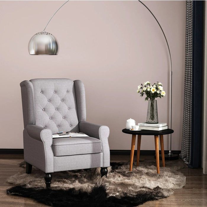 Fauteuil bergère capitonné gris 74x86x102 cm polyester accoudoirs pieds bois 1 place JOINERY
