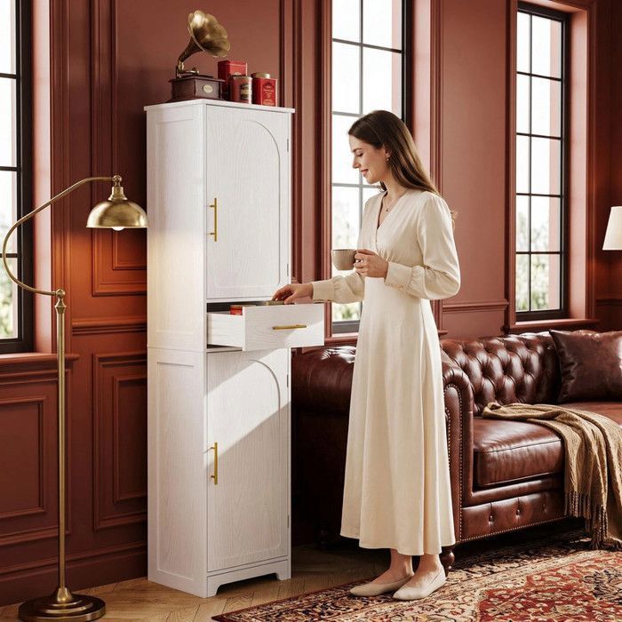 Armoire rangement 1 tiroir + 2 portes grand modèle étroit. Pour salon chambre cuisine salle de bain. Blanc.