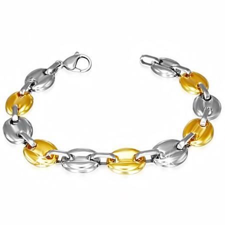 BRACELET FEMME ACIER PLAQUE OR LARGE GRAINS DE CAFE 10mm