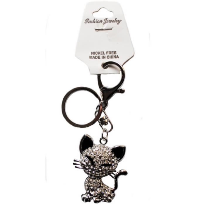 Porte-clés Chat Strass – Strass Blanc Sur Métal Argenté, Bijou De Sac – Neuf Avec étiquettes