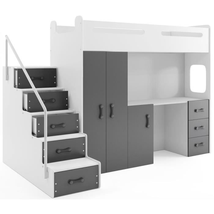 Lit mezzanine MAX 4 en 80x200 avec bureau, armoire, matelas, sommier et escalier en blanc+gris