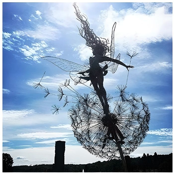Fée Sur Pissenlit Dansant - Sculpture Jardin Métal Magique Fairy Bloom (Style A)