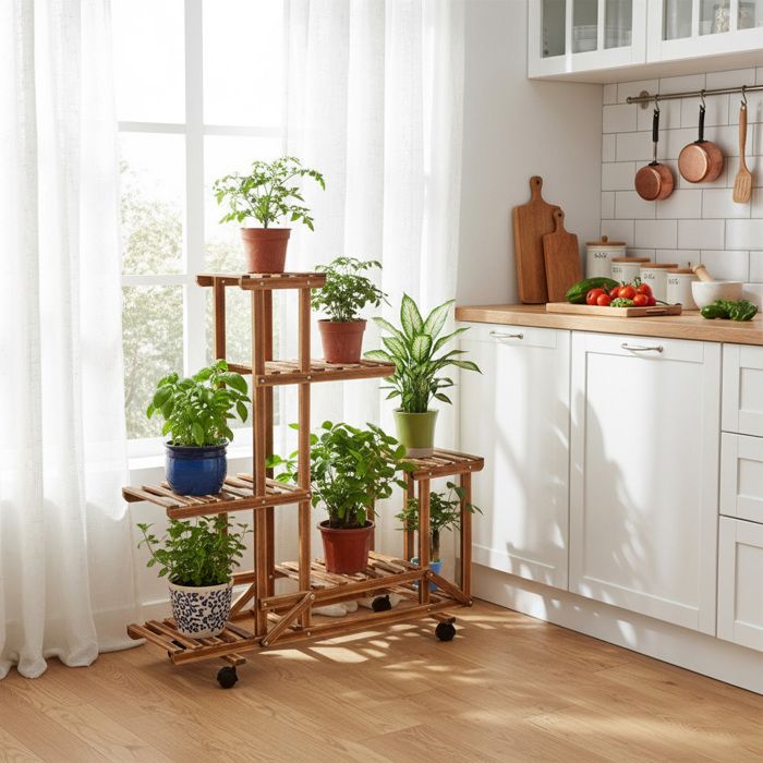 UNHO Étagère à Fleurs en Bois à Roulettes Porte Plante Intérieur-Extérieur Echelle Fleurs Pour Jardin Maison Balcon Terrasse 95 x