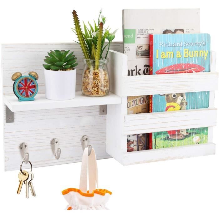 Porte-clés Mural En Bois Avec 6 Crochets Et étagère – Organisation Entrée, Couloir, 32x18 Cm