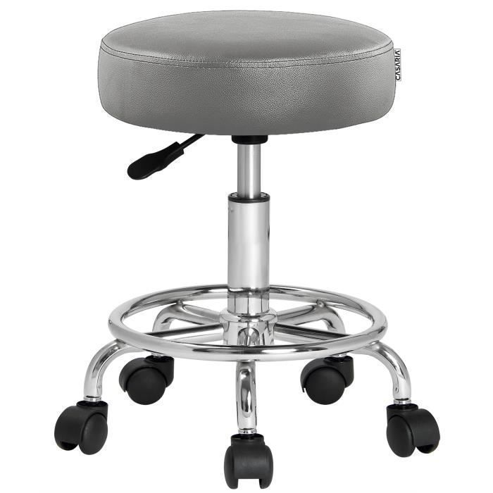 Tabouret à roulettes réglable en hauteur 51-65 cm rembourrage 10 cm pivotable 360 °C repose-pieds tabouret de bureau gris