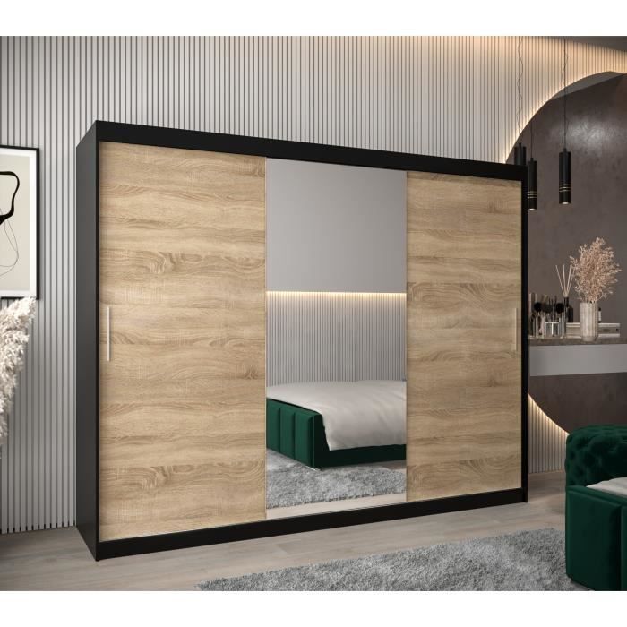 Armoire de Chambre Torm 1 Noir-Sonoma 250 avec 3 Portes Coulissantes et Miroir Penderie (Tringle) avec étagères Sans tiroirs