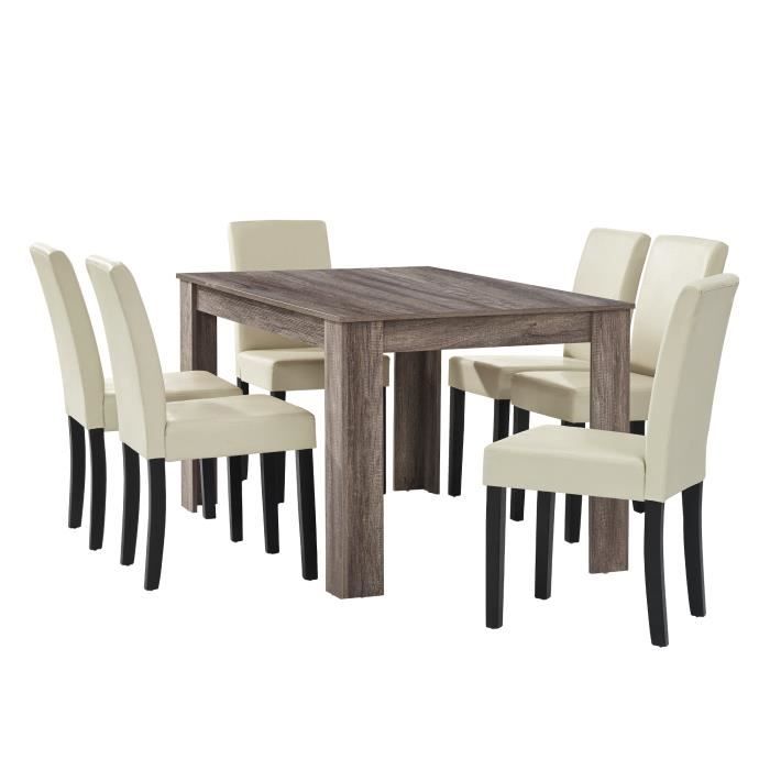 en.casa Table à manger en chêne ancien avec 6 chaises crème cuir-synthétique rembourré 140x90