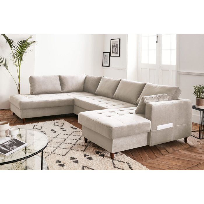 Anna - canapé panoramique dangle gauche - 7 places - convertible avec coffre - en velours - Beige