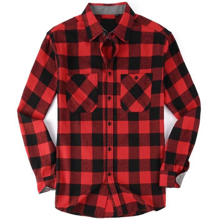 Chemise Flanelle Homme INSFITY Rouge Col Revers Manches Longues Ample Casual Doux Carreaux