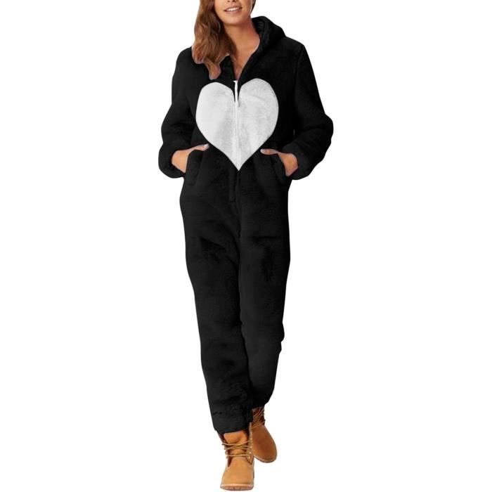Pyjama Une Piece en pour Femme Pyjama Chaud Et Doux Vetement De Nuit en Peluche Hiver Femme Combinaison Noir