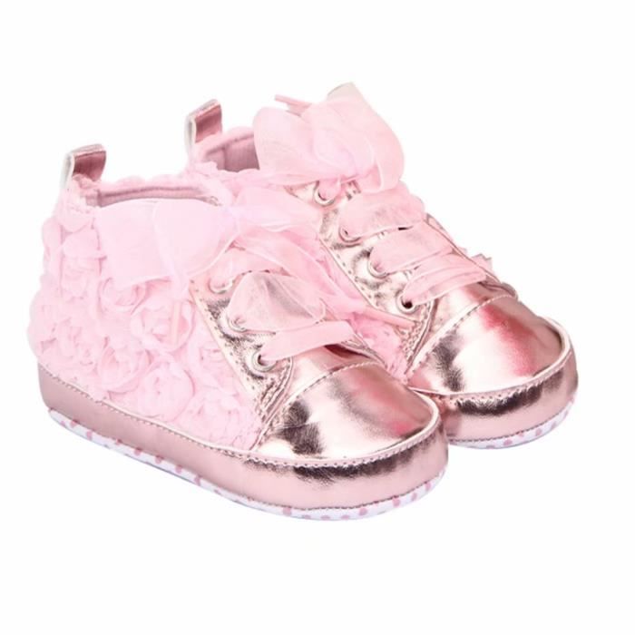 Chaussure Semelle Souple Pour Bebe Premier Pas Baskets Basses Bebe Fille A Lacets Avec Decorations Rose Rose Cdiscount