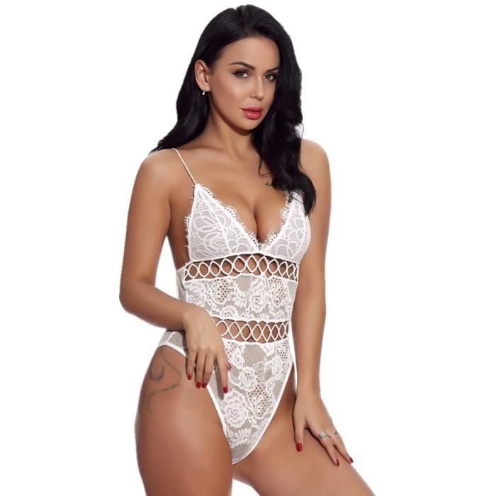 SIREEY Lingerie Une Pièce Pour Femme Avec Décolleté En V Profond - Body Sexy En Dentelle - Dos Nu - S-XXL, Vert Fluorescent., Grand