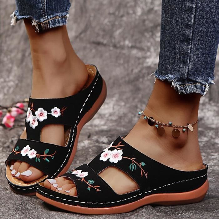 Sandales d ete pour femme VITATA Noir Confortables et stylees avec motifs floraux Noir Cdiscount Chaussures