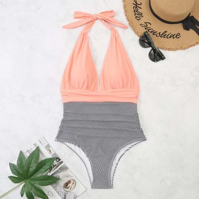 Maillot De Bain Femme Baie Confortable Bikini Lacage Maillots de Bain Une piece Floral et a Rayures Noires bleu bleu rose