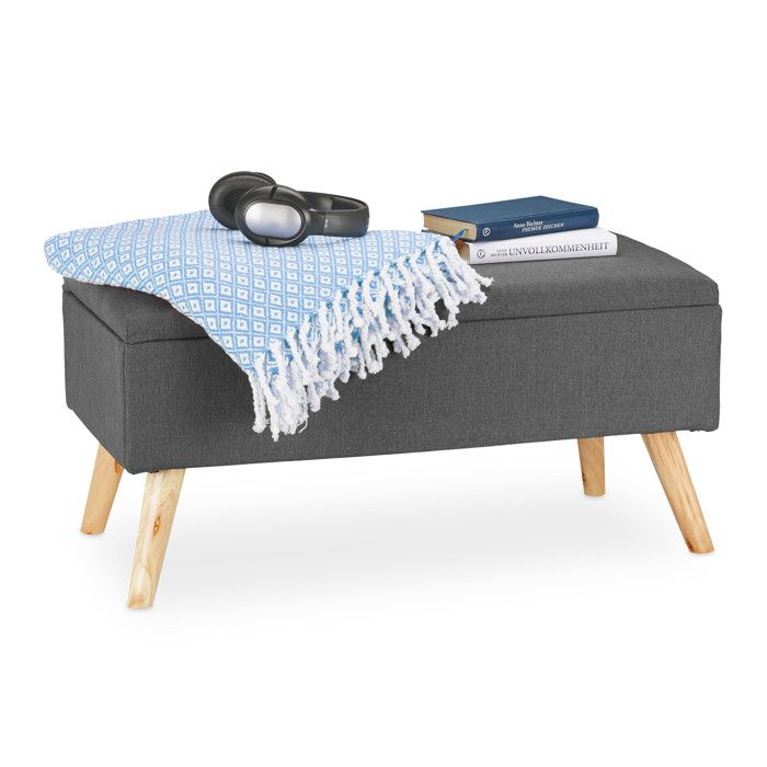 Relaxdays Banc de rangement rembourré pieds en bois coffre avec revêtement en tissu 39 5 x 79 5 x 39 cm gris