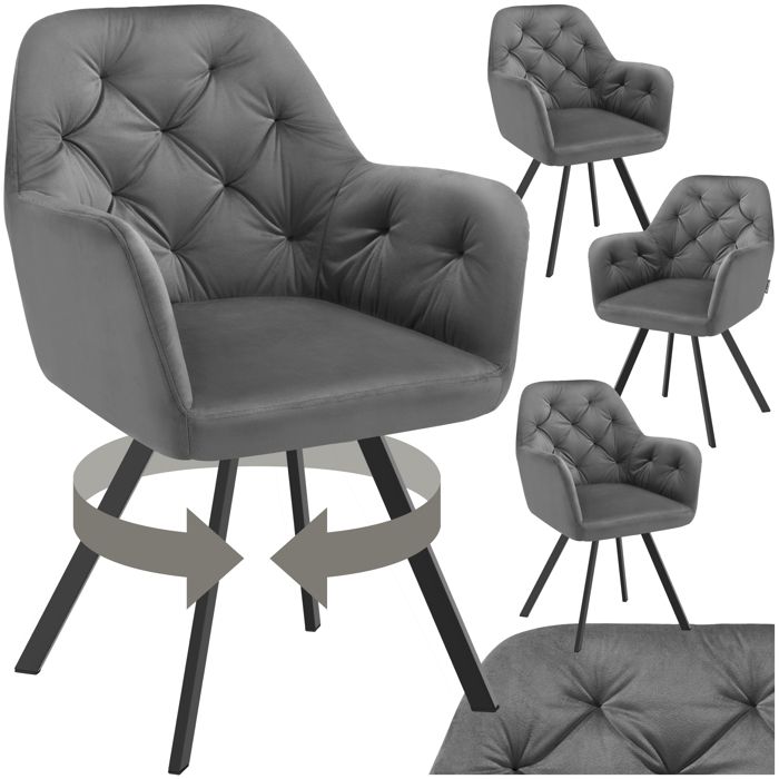 Chaise - TECTAKE - Lot de 4 fauteuils LUCIA pivotants et rembourrés en velours motif matelassé 58 x 58 x 87 cm - Gris