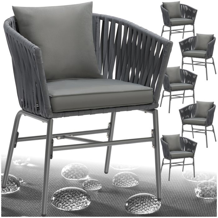 Fauteuils de jardin - TECTAKE - Ensemble de 6 chaises VALEIRAS effet corde tressée avec housses amovibles 60 x 61 x 77 cm - Gris
