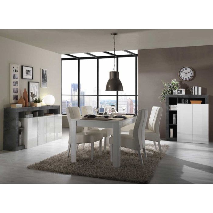 Salle à Manger Complète Blanc laqué brillant/Béton ciré foncé ISCHIA