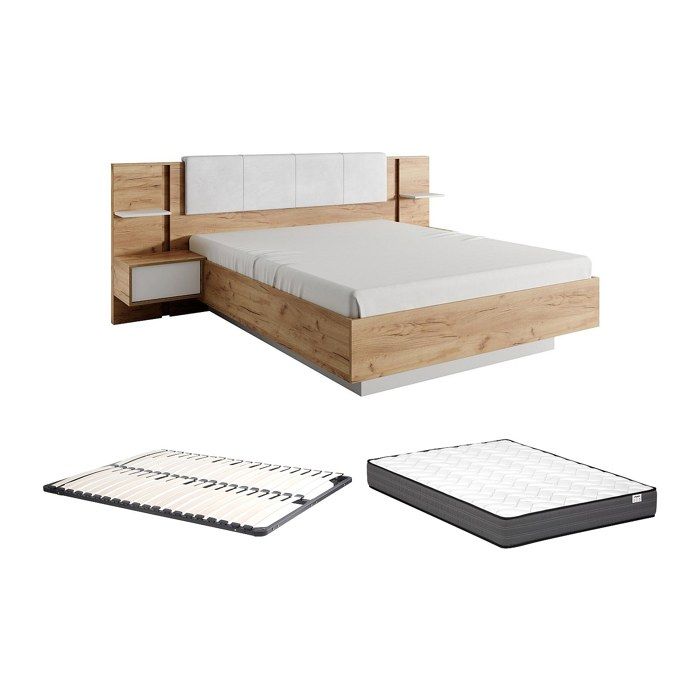 Lit avec chevets 160 x 200 cm - Avec LEDs - Coloris : Naturel et blanc + Sommier + Matelas Confort - ELYNIA