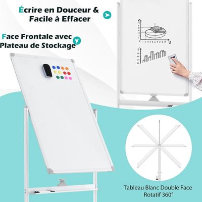 GOPLUS Tableau Blanc Magnétique Double Face 60X45CM, Cadre en Aluminium, Marqueurs, Aimants