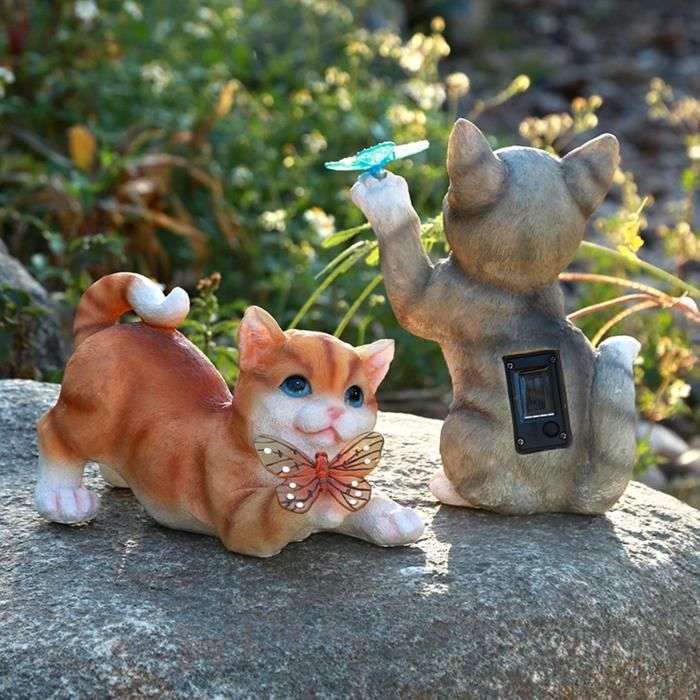 Statue de chat de jardin, Sculpture d'animal, papillon, lumière solaire,  Statue d'extérieur, Figurine de chaton pour - Cdiscount Maison