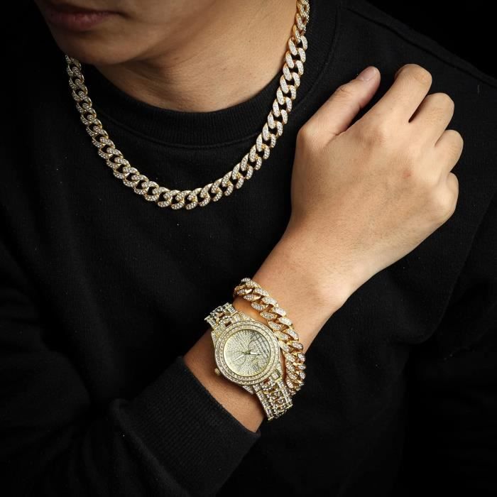 Montre En Or Avec Diamants Iced Out Homme Cha ne Cubaine Plaqu e
