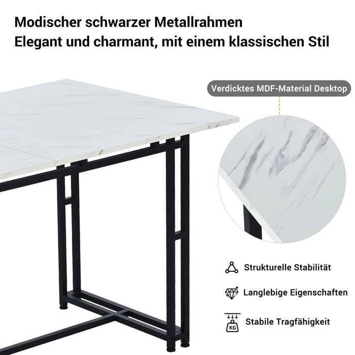 Table à Manger Rectangulaire LINKHOO - Plateau Imitation Marbre Blanc, Pieds Métal Noir, 117x68x75 Cm - Design Moderne Pour Salon/salle à Manger