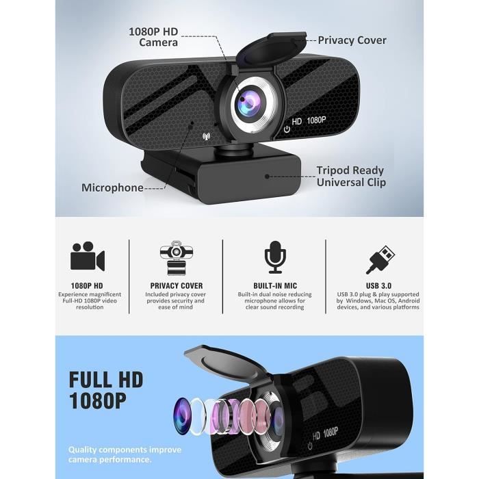 GOAMZ Webcam 2K avec Microphone et Anneau Lumineux, Webcam HD avec Trépied, Webcam Alimentée par USB avec Autofocus et Grand Angle pour PC Youtube, Appels Vidéo Skype, Vidéoconférence