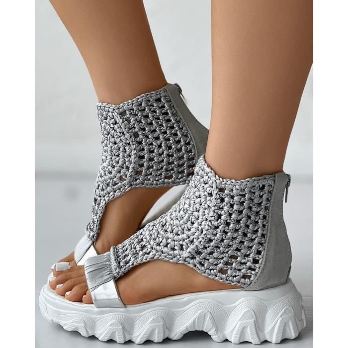 Sandales Tressées à Semelles Compensées Géométriques, Chaussures d'Été  Plates en Maille Ajourées à Plateforme