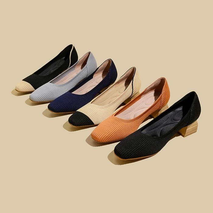 Escarpins Femme Confortable Talons Epais Bicolore Bout carré Elégant  Textile Respirante Noir - Main Image