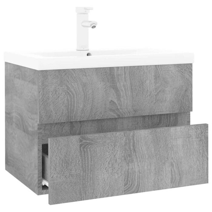 Meuble De Salle De Bain Avec Vasque Intégrée - Style Vieux Bois, Tiroir De Rangement, à Poser Ou Fixer Au Mur