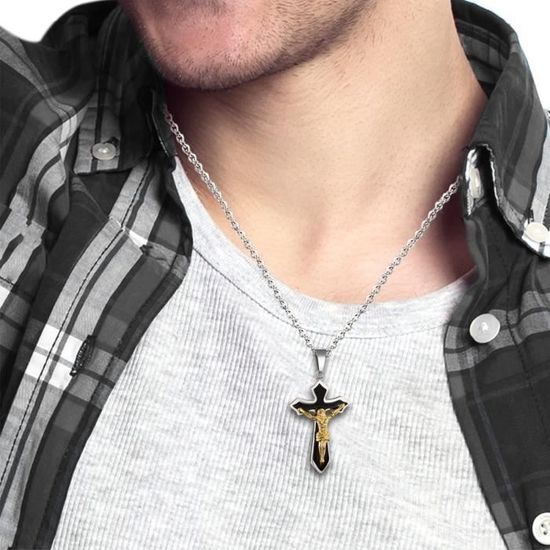 Oidea Collier pour homme en acier inoxydable avec pendentif en forme de croix couleur au choix 