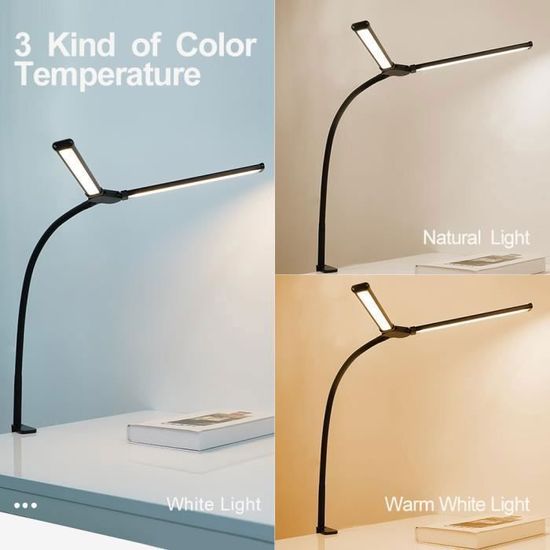 Lampe De Bureau LED JKSWT - 5 Modes & 5 Luminosités, Bras Pivotant Réglable Avec Pince - Mémoire Tactile - Éclairage Doux 72 LEDs