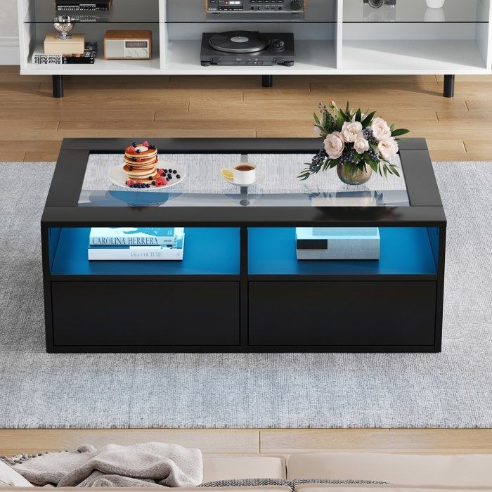 Table basse LED 100 x 50 x 35 cm avec 2 tiroirs et rangement ouvert ...