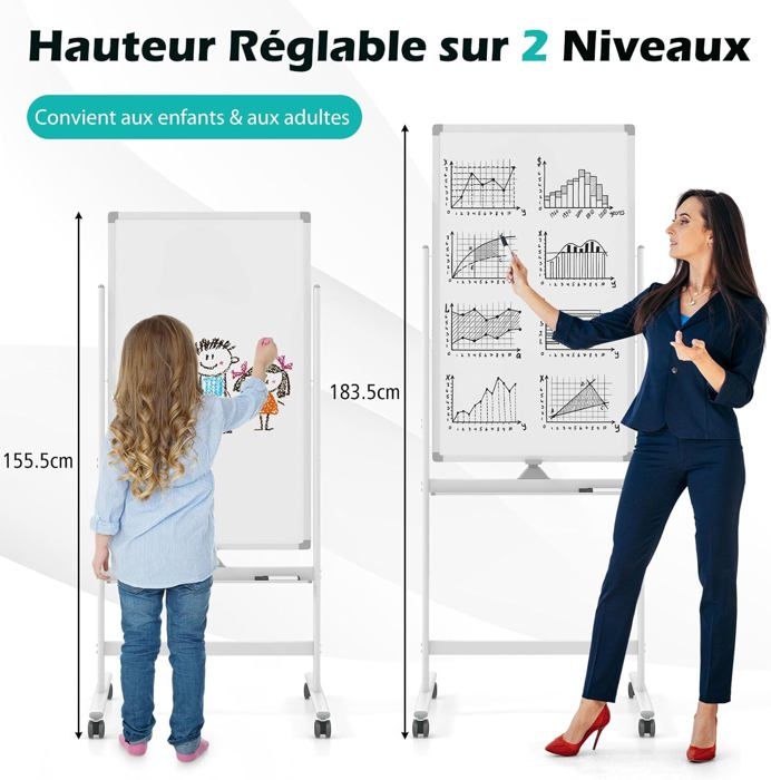 Tableau Blanc Effaçable Réglable GOPLUS - Hauteur 151-178cm, Rotatif 360° | 4 Roues + Accessoires