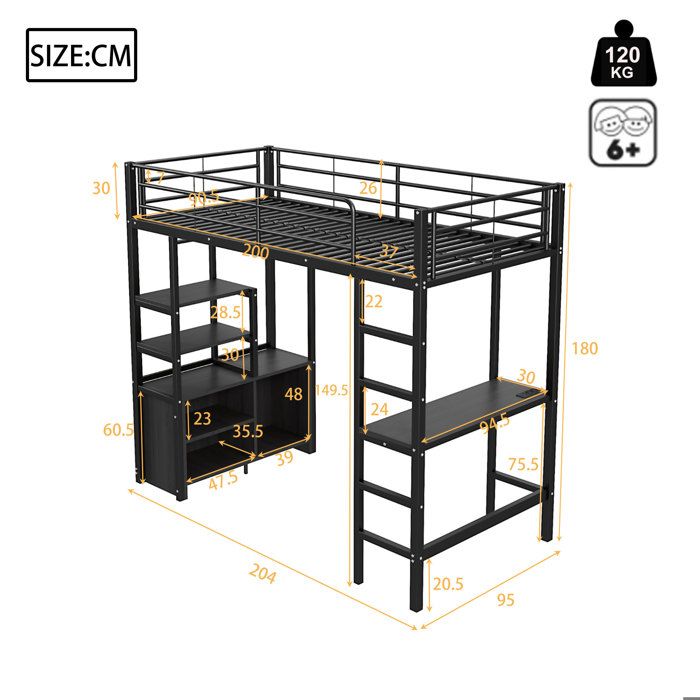 Lit Mezzanine Enfant Avec Bureau Et Lumières LED – 90x200 Cm, Métal Et MDF, Capacité 120 Kg, Noir