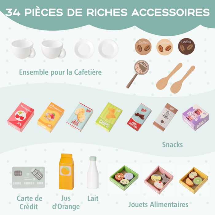 DREAMADE Épicerie En Bois Pour Enfants – Supermarché Complet Avec Caisse Enregistreuse, Distributeur, Machine à Café, Four, Tableau Noir + 30 Accessoires, Jeu Éducatif 3 Ans+
