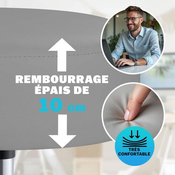 Tabouret De Bureau à Roulettes Noir - Hauteur Réglable 51-65 Cm - Siège Pivotant - Avec Repose-pieds