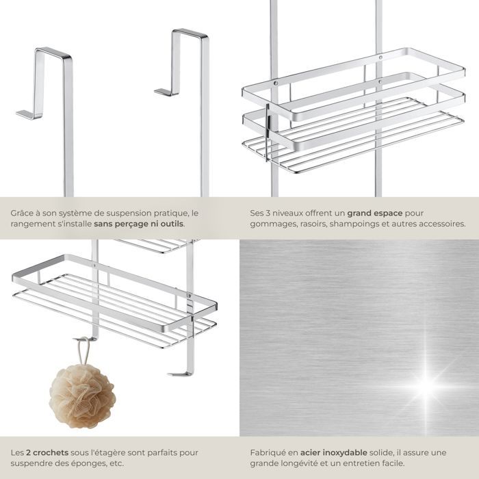 Étagère De Douche Sans Perçage 22x7,5x9 Cm - Acier Inox Support Autocollant Avec Crochets Et Porte-Rasoir Argent