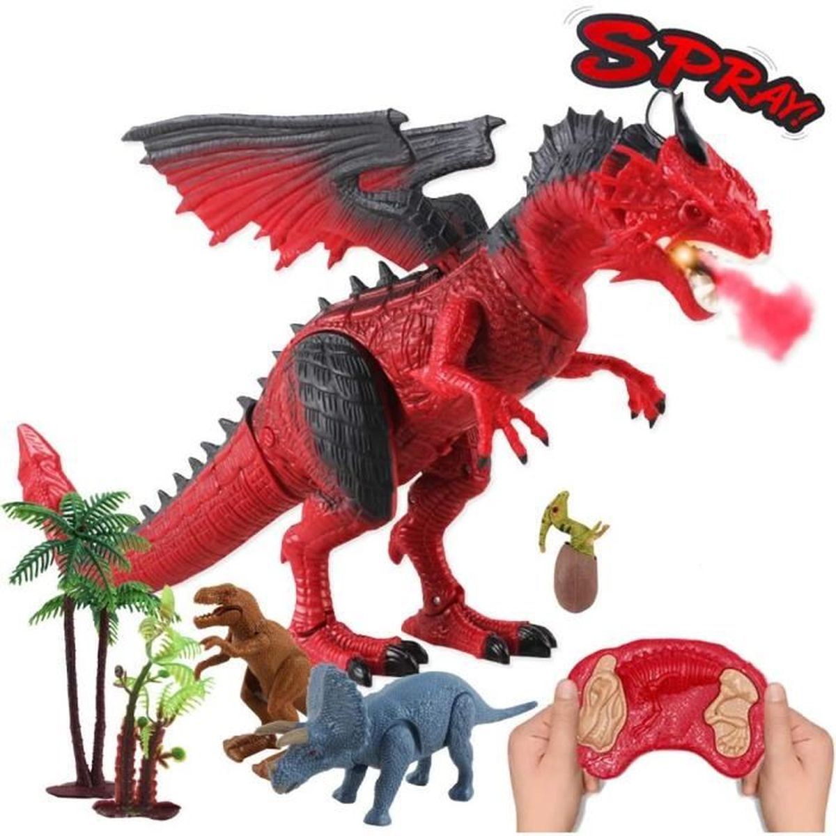 dinosaure telecommande pouvant marcher rugir cracher du feu et secouer la tete avec 3 dinosaures miniatures inclus deao rouge cdiscount jeux jouets