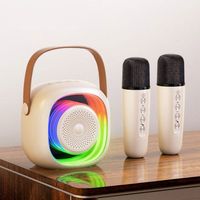 Enceinte Portable, Bluetooth 5.3, Fonction karaoké, basses percutantes, LED colorées, avec 2 Micro sans Fil, pour Fête - Beige