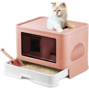 BAC À LITIÈRE HUOLE. Bac à litière pliable pour chat - Maison de toilette pour chats avec bacs amovibles + pelle à litière rose, 48,5*36,5*38cm