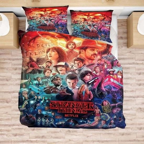 Housse De Couette Stranger Things Pour Enfants - Taille Double 155x220cm Avec Taie D'oreiller | Motif Dessin Animé Déco Chambre | Parure De Lit Microfibre Douce