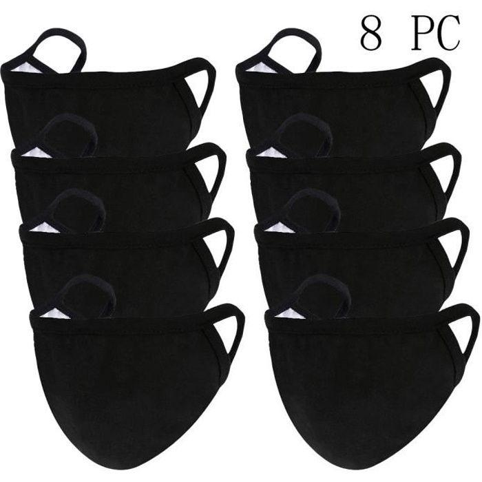 Masque De Tissu Réutilisable Lavable Visage Coton Noir 8Pc A