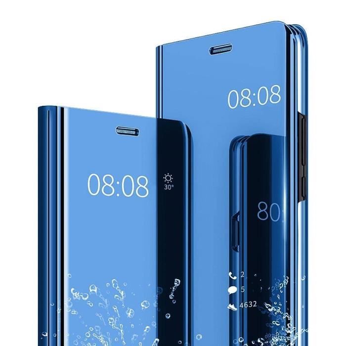 Coque Huawei P Smart + 2019 Coin Complet étui Luxe élégant Noble Hommes Femmes Screen Protector Slim Standing View Miroir Cover Bleu