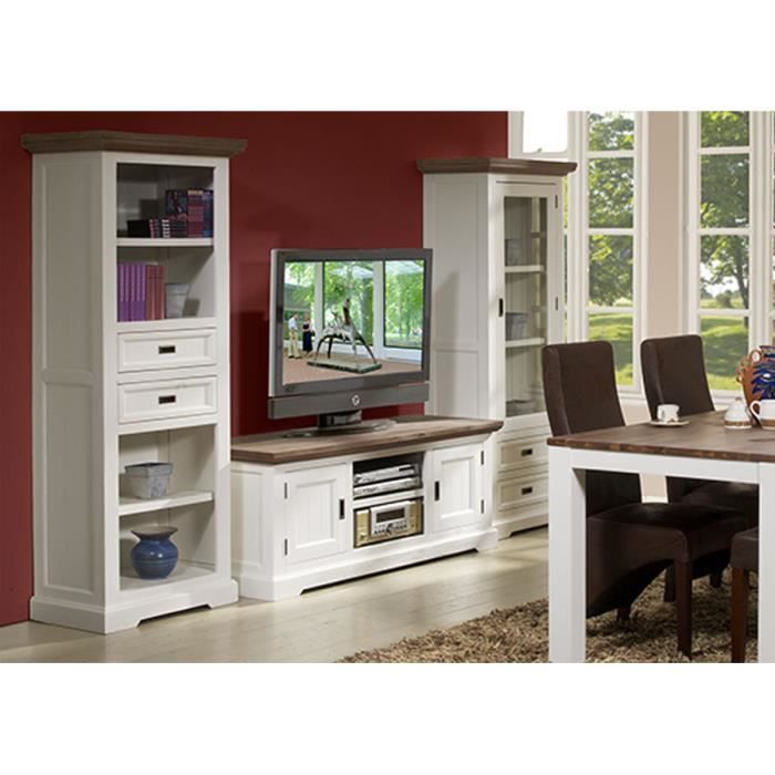 Meuble TV contemporain en bois massif blanc EMELINE L 155 x P 55 x H 60 cm Blanc