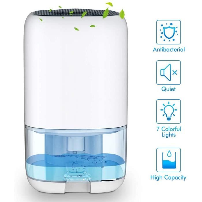 Déshumidificateur d'Air Portable 1000ML, Nobebird Mini Déshumidificateur Electrique Silencieux, Arrêt Automatique et 7 LED Couleurs,