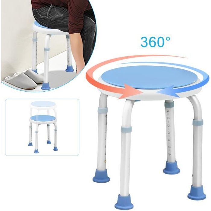 Aufun Tabouret de douche rond réglable en alliage d'aluminium Siège pivotant à 360, 30x30x37-57cm, charge sûre : 136 kg