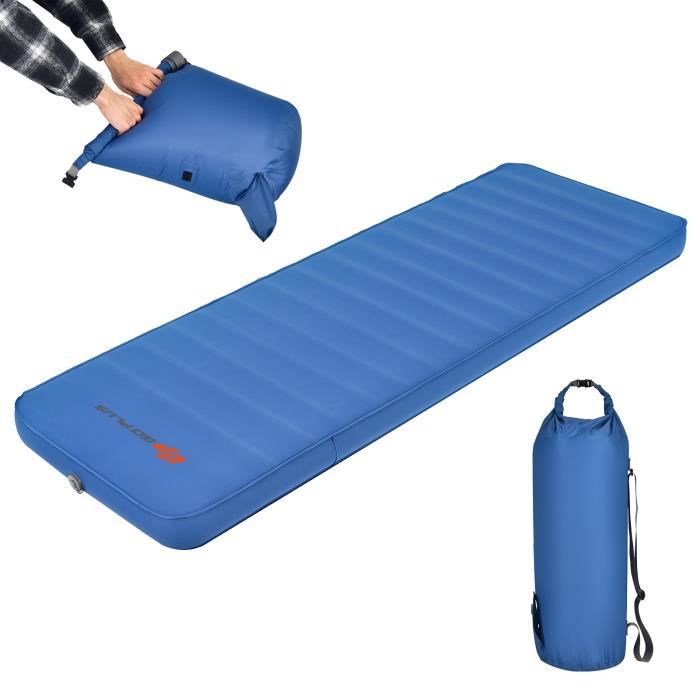 GOPLUS Matelas Gonflable,Tapis de Couchage de Camping Autogonflant avec 2 en 1 Sac de Pompe,Portable pour la Randonnée,Bleu