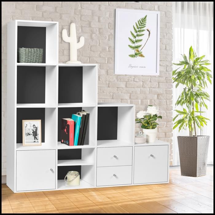 Meuble de rangement escalier 4 niveaux bois blanc fond gris avec porte et tiroirs
